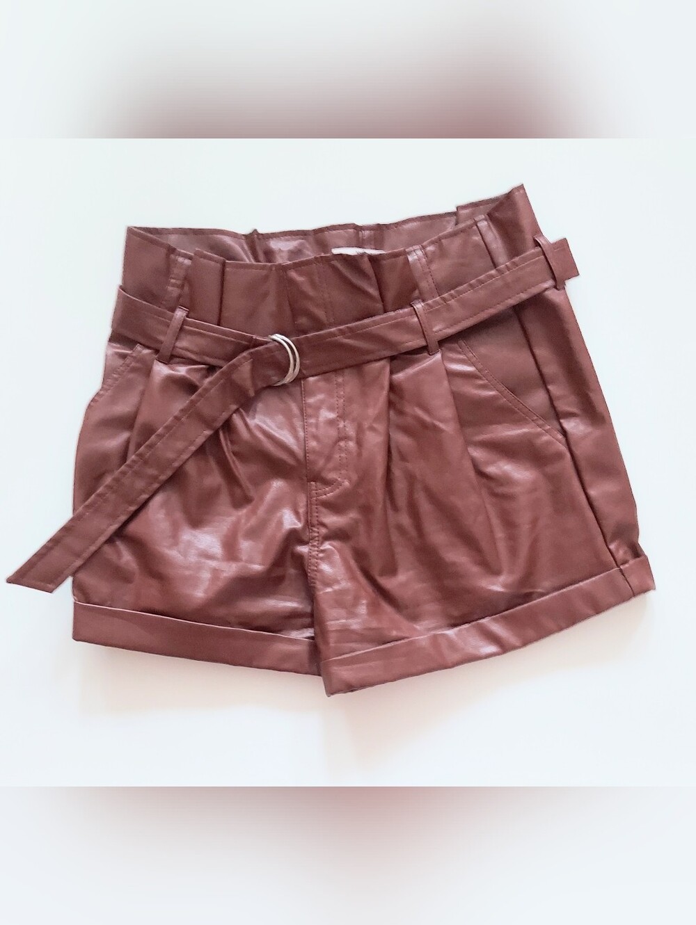 Madden NYC Belted Faux Leather Paper Bag Shorts Brown Womens Size Medium